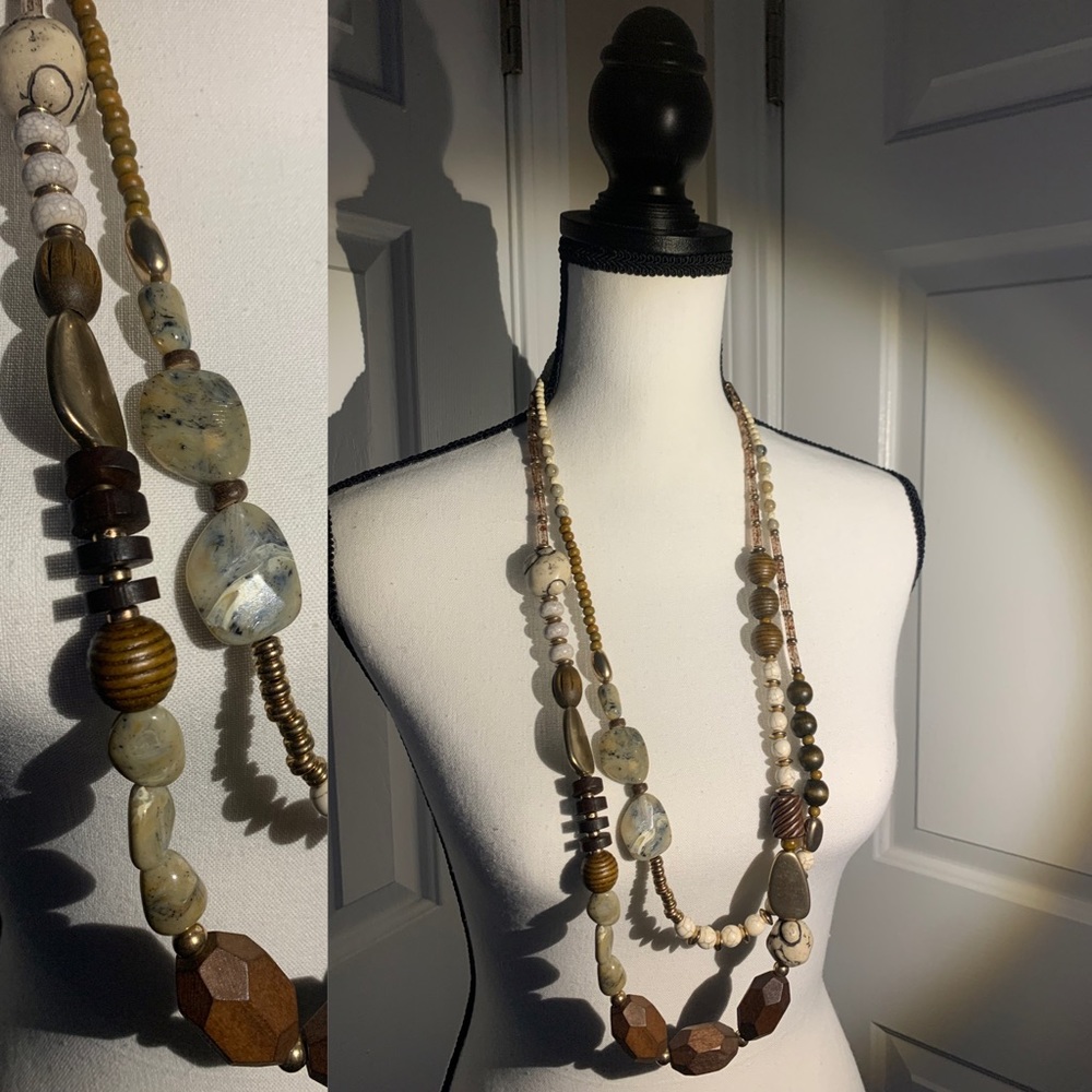 Neutral beaded long statement necklace